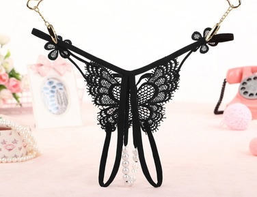 Трусики Star Night з квітковим принтом та ниткою перлин у відкритому доступі, чорний  (без коробки)