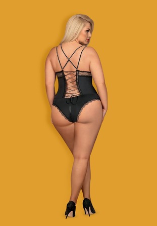 Эротическое боди из атласа с элементами кружева Obsessive Lolitte и открытой спиной, черный, XXL