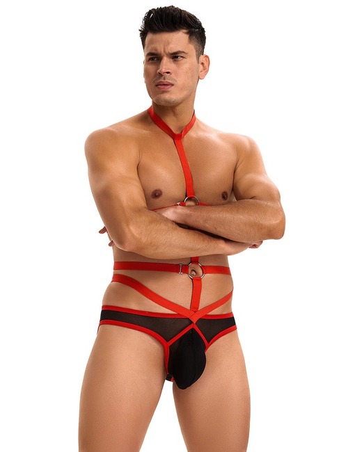Чоловічі труси з портупеєю та чокером Star Night червоний-чорний, L