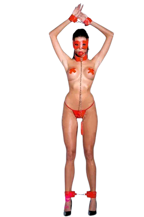 Комплект БДСМ Sunspice ошейник, наручники и поножи, маска, кляп, пестисы и стринги, красный