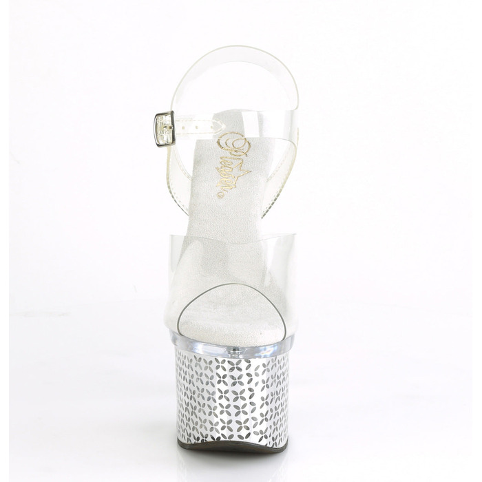 Босоножки Discolite-708FLP. Каблук 7 дюймов, ремешок на щиколотке шириной 3 дюйма со светодиодной подсветкой PF. Цвет: прозрачный/серебристый хром.