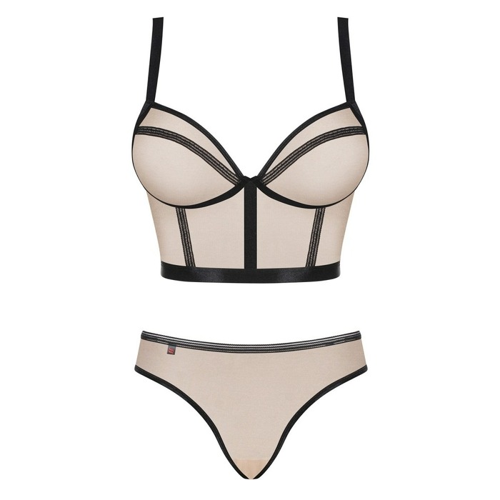 Комплект Obsessive Nudelia бюстьє з трусиками, бежевий з чорним, S/M