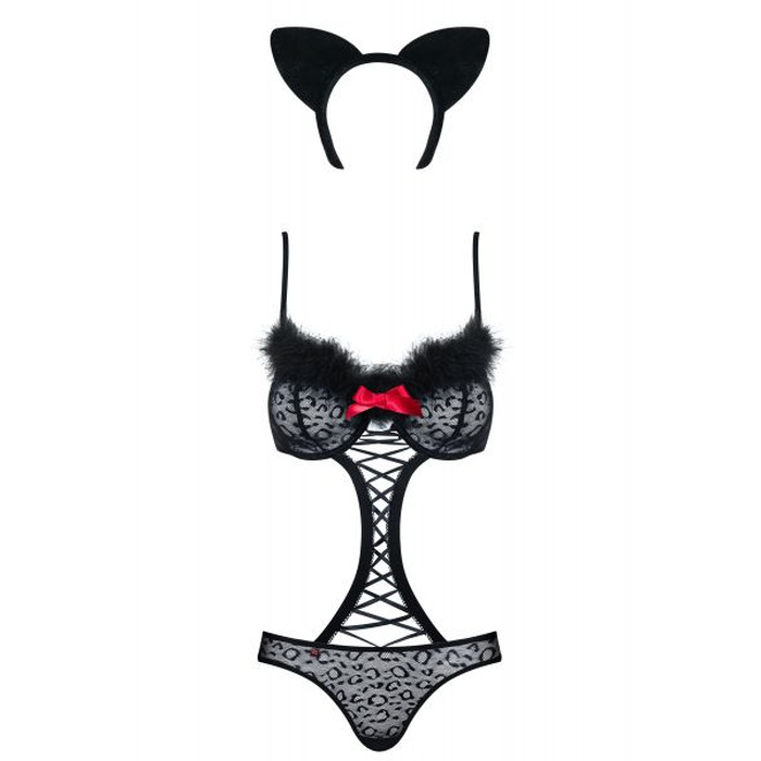 Костюм боді кішки чорний obsessive 3 предмета GEPARDINA S / M