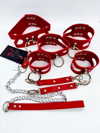 Ошейник с поводком и наручниками Candy Hero 'Fet 25' RED, экокожа, ручная работа