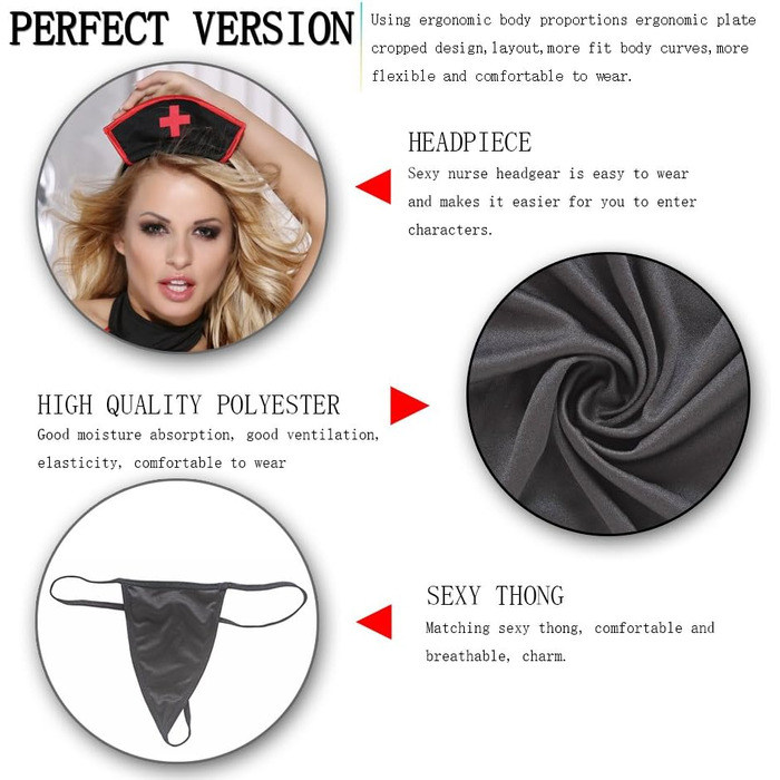 Костюм Медсестра Sunspice сукня, шапочка на обручі, стрінги, чорно-червоний, L/XL