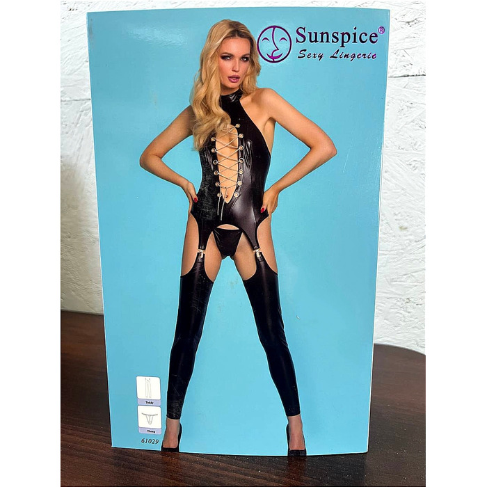 Комбінезон чорний з панчохами Sunspice та стрінги в комплекті, S/M