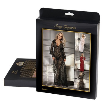 Пеньюар длинный кружевной Star Night и стринги, черный, M/L