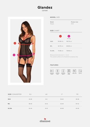 Корсет полупрозрачный XS/S Glandez Obsessive, со стрингами, черный