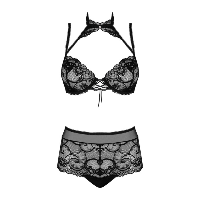 Комплект Obsessive Elizenes с шнуровкой на лифе и кружевным чокером, черный, S/M