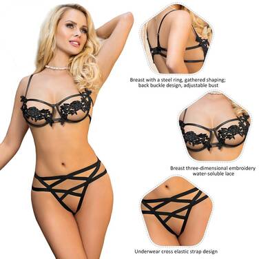 Комплект белья Star Night бюстье и трусики с открытым доступом, черный XS-S