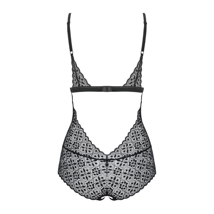 Боди полупрозрачный Obsessive Shibu с вставками кружева и открытой спиной, черный, S/M