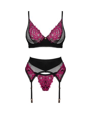 Сексуальный комплект из трех предметов с вышивкой Obsessive Rosenty черный-розовый, XS/S