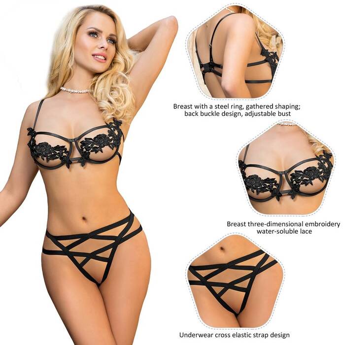 Комплект белья Star Night бюстье и трусики с открытым доступом, черный XS-S