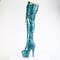 Чоботи Pleaser Adore-3020GP *7-дюймовий каблук, 2 3/4-дюймові еластичні черевики до стегна зі шнурівкою PF, блискавка збоку, бірюзово-блакитний лак