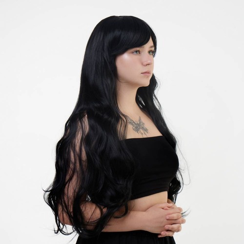 Перука довга хвиляста з чубчиком Fetish Hair чорний, 80 см