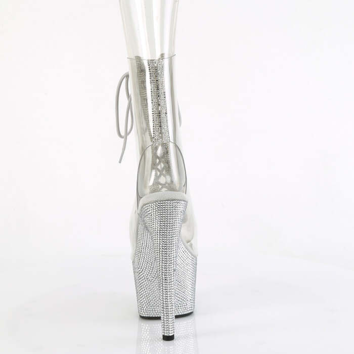 Чоботи Bejeweled-1016C-2-7 *7 дюймів на підборах, 2 3/4 дюйма з відкритим носком/підбором, зі шнурівкою та рельєфним ремінцем, прозорі/сріблясті