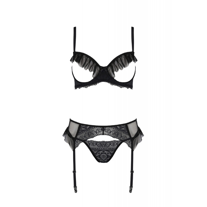Полупрозрачный комплект белья Passion Kerria с кружевом и открытой грудью, черный, S/M