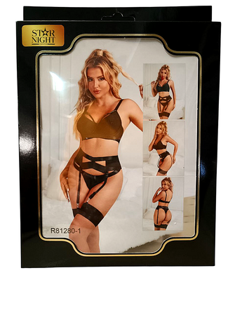 Комплект белья черный Star Night бюстье+стринги+пояс для чулков+гартеры, S