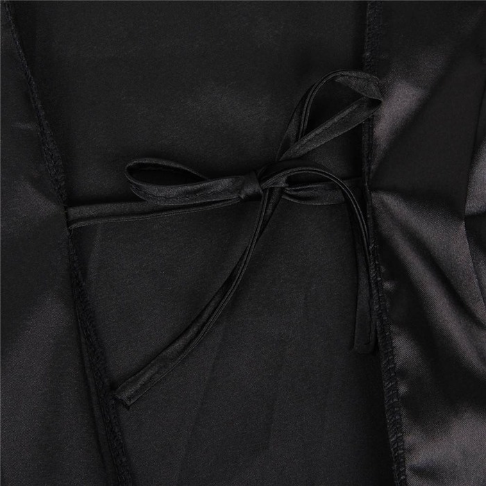 Халат з декоративним мереживом та довгими рукавами під пояс Star Night стрінги в комплекті, чорний, XL