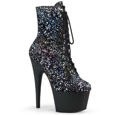 Чоботи Adore-1020SPLAT *7-дюймовий каблук, 2 3/4-дюймові черевики на шнурівці спереду з PF, бічна блискавка, срібляста голограма/чорний