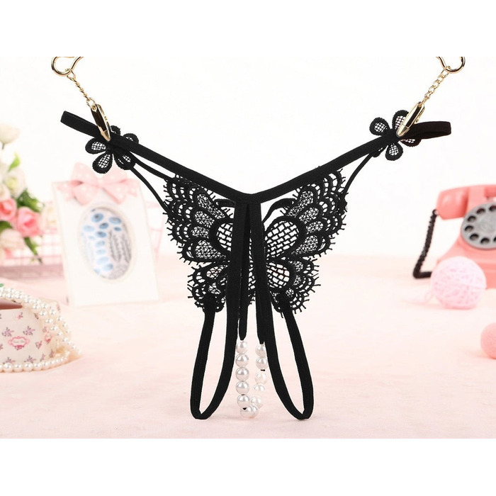 Трусики Star Night з квітковим принтом та ниткою перлин у відкритому доступі, чорний  (без коробки)
