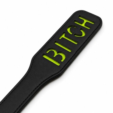 Паддл DS Fetish з люмінісцентним надписом 'Bitch', чорний