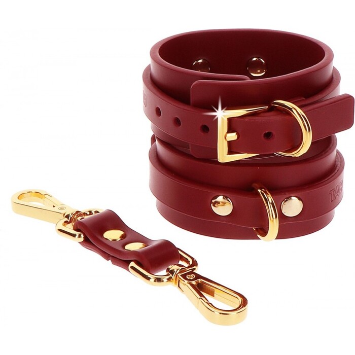 Фиксаторы на бедра с наручниками и карабинами Taboom, красные, с золотистой фурнитурой
