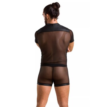 Мужской костюм рубашка с трусами на заклепках, полупрозрачный, черный, XXL/XXXL