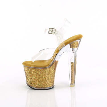 Босоніжки Lovesick-708SG *7 дюймів на підборах, 3 1/4 дюйма з ремінцем на щиколотці PF з переливчастими блискітками, прозорі/золоті
