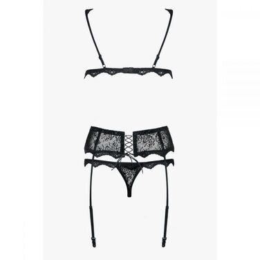 Комплект кружевной Obsessive Emperita, бюстье, трусики и пояс для чулок, черный, L/XL