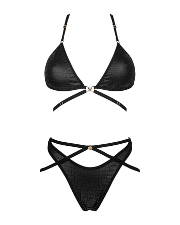 Комплект Obsessive Cobra Nive з імітацією зміїної шкіри, чорний, S/M