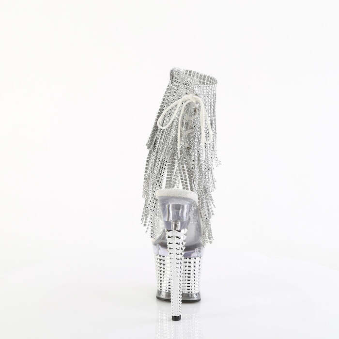 Ботинки Spectator-1017RSF **Каблук 7 дюймов, 3-дюймовый текстурированный PF, открытый носок/пятка, шнуровка, бахрома до щиколотки, прозрачный/серебристый хром