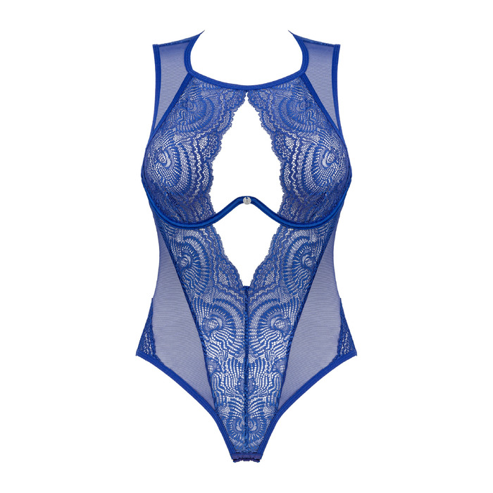 Сексуальное боди полупрозрачное кружевное Obsessive с косточками, синее, XS/S