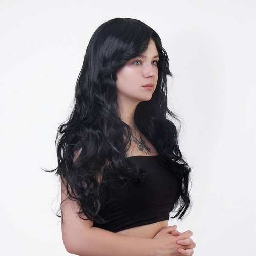 Перука довга хвиляста з чубчиком Fetish Hair чорний, 60 см