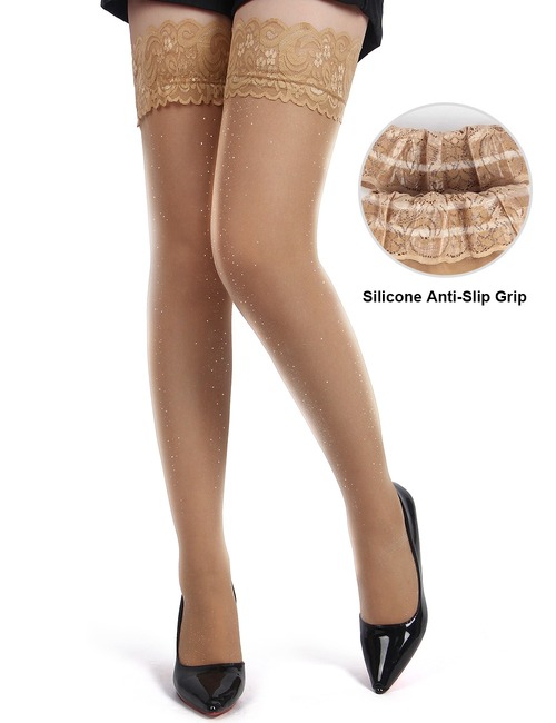 Панчохи з люрексом Star Night Lase Pearlescent на силіконовій стрічці, бежеві, XS-M