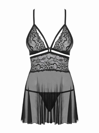 Пеньюар із напівпрозорої мереживної тканини Obsessive 838-BAB-1 в комплекті стрінги, чорний, L/XL