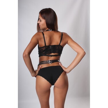 Портупея та пояс для панчох із бантиками Candy Hero 'Kit17' натуральна шкіра, чорний