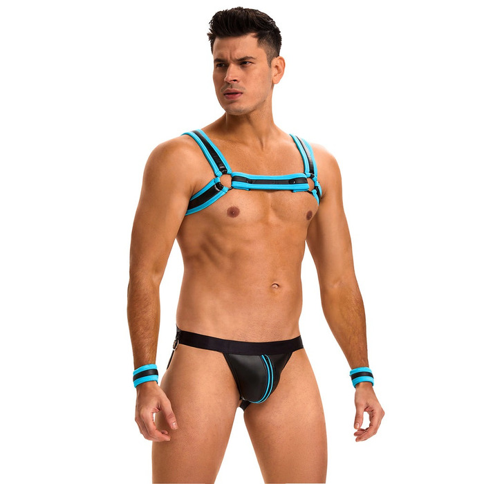 Чоловічий комплект з блискавкою на трусах та відкритим доступом Star Night з портупеєю та наручниками, M