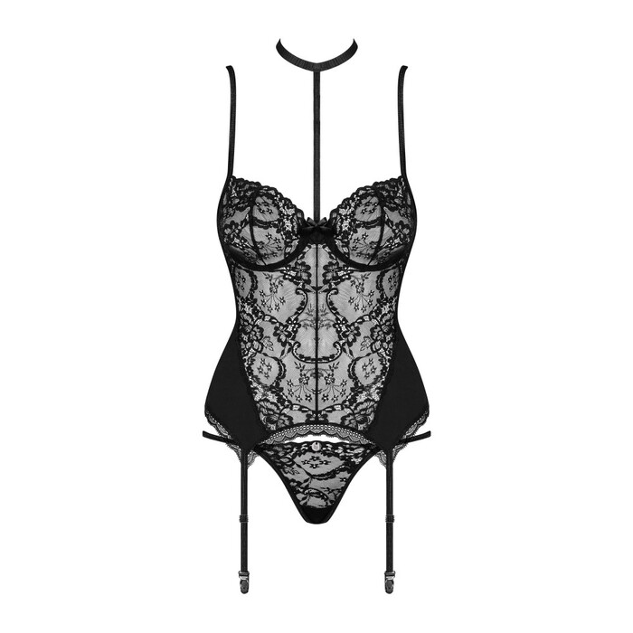Корсет с пажами для чулок Obsessive Diyosa и трусиками в комплекте, черный, S/M