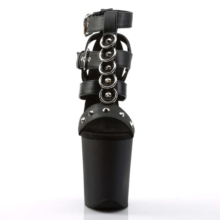 Босоніжки Flamingo-858 на підборах 8 дюймів, босоніжки з ремінцями PF 4 дюйми з кільцями та заклепками, чорні, з веганської шкіри/чорні