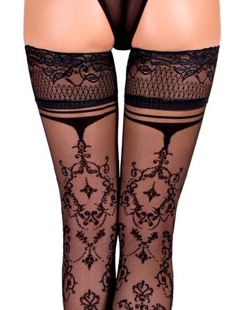 Панчохи на силіконовій стрічці чорні Ballerina's Secret BS113 з візерунком бароко, по всій довжині, S/M