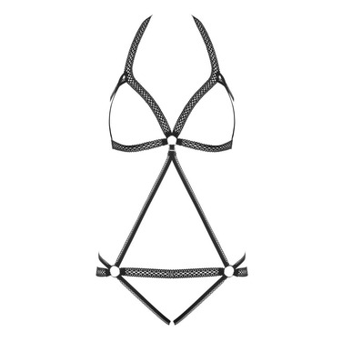 Боди контурное Obsessive Darkie из ажурных лент с металлическими кольцами, черный, L/XL