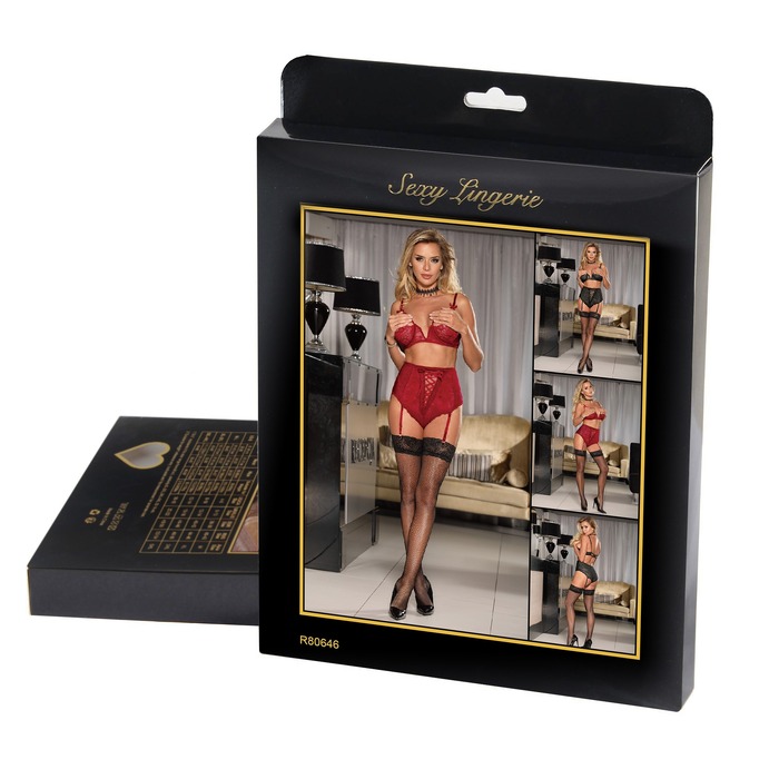 Черный кружевной бюстье с открытой грудью Star Night и трусики с подвязками для чулок, M