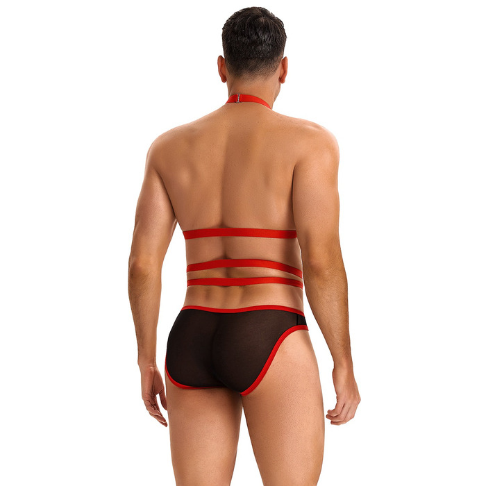 Мужские трусы с портупеей и чокером Star Night красный-черный, M