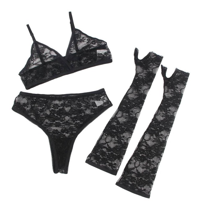 Комплект білизни з рукавичками Star Night мереживний, чорний, XS-S