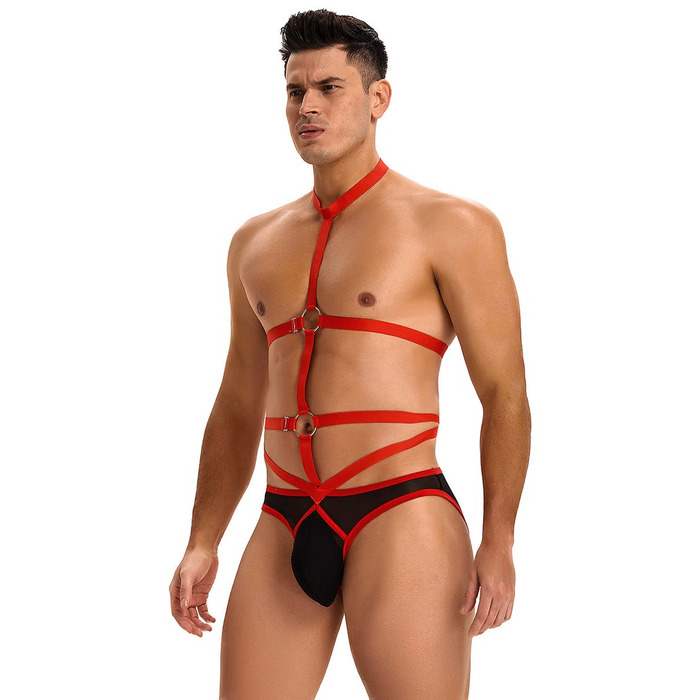 Чоловічі труси з портупеєю та чокером Star Night червоний-чорний, L