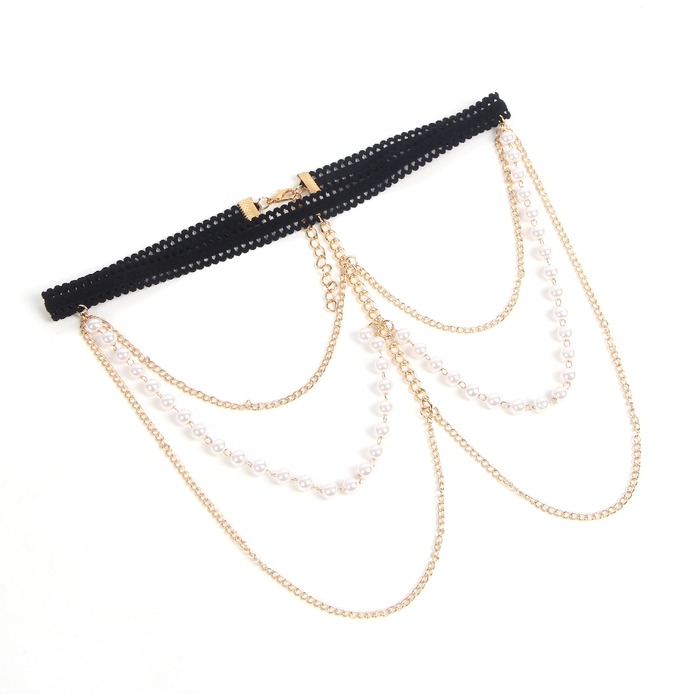 Гартер на ножку Star Night с подвесками из золотистых цепочек и ряда жемчужин, One Size