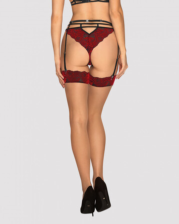 Чулки под пояс с бархатной коронкой Obsessive Sugestina S/M Natural/red