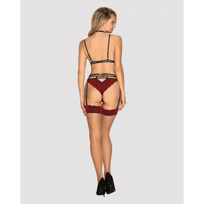 Чулки под пояс с бархатной коронкой Obsessive Sugestina L/XL Natural/red