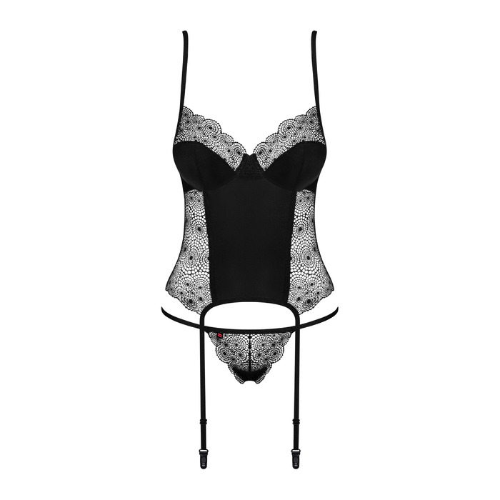 Комплект Obsessive Sharlotte корсет с пажами для чулков и трусики стринги, черный, S/M
